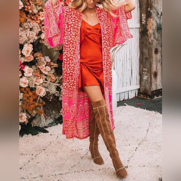 New Boho Gypsy Floral Sheer Chiffon Kimono Maxi Duster Jacket Cardigan Red Pink